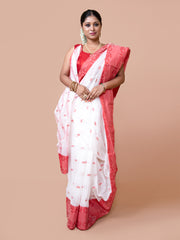 Laa Calcutta White & Red pure cotton woven design Taant saree for women