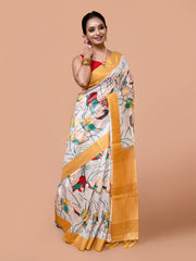 Laa Calcutta White & Pink cotton blend handloom saree for women