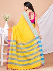 Yellow & Multi striped pure cotton handloom saree