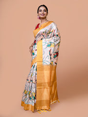 Laa Calcutta White & Pink cotton blend handloom saree for women