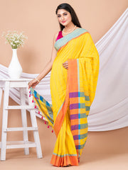 Yellow & Multi striped pure cotton handloom saree