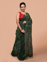 Laa Calcutta Green & Multi Pure cotton hand stitch handloom saree for women