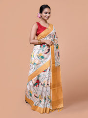 Laa Calcutta White & Pink cotton blend handloom saree for women