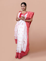 Laa Calcutta White & Red pure cotton woven design Taant saree for women