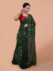 Laa Calcutta Green & Multi Pure cotton hand stitch handloom saree for women