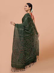Laa Calcutta Green & Multi Pure cotton hand stitch handloom saree for women