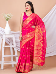 Pink & Golden floral design silk cotton handloom saree