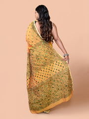 Laa Calcutta Mustard & Green Chanderi silk printed pattterns hand woven embroidered kantha stitch saree for women