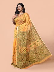 Laa Calcutta Mustard & Green Chanderi silk printed pattterns hand woven embroidered kantha stitch saree for women