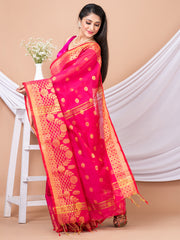 Pink & Golden floral design silk cotton handloom saree