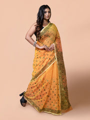 Laa Calcutta Mustard & Green Chanderi silk printed pattterns hand woven embroidered kantha stitch saree for women