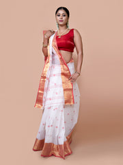 Laa Calcutta White & Red pure cotton woven design Zari per Taant saree for women