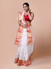 Laa Calcutta White & Red pure cotton woven design Zari per Taant saree for women