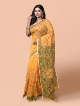 Laa Calcutta Mustard & Green Chanderi silk printed pattterns hand woven embroidered kantha stitch saree for women