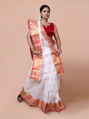 Laa Calcutta White & Red pure cotton woven design Zari per Taant saree for women