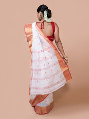 Laa Calcutta White & Red pure cotton woven design Zari per Taant saree for women