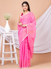 Pink & Golden polka dots silk cotton handloom saree