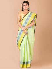 Green & Multi pure cotton woven design taant saree