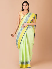 Green & Multi pure cotton woven design taant saree