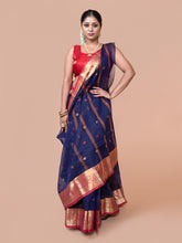 Laa Calcutta Navy Blue & Red pure cotton woven design Zari per Taant saree for women