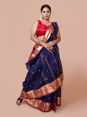 Laa Calcutta Navy Blue & Red pure cotton woven design Zari per Taant saree for women