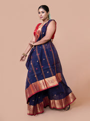 Laa Calcutta Navy Blue & Red pure cotton woven design Zari per Taant saree for women