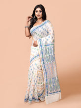 Laa Calcutta Off White & Multi Chanderi silk printed pattterns hand woven embroidered kantha stitch saree for women
