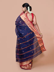 Laa Calcutta Navy Blue & Red pure cotton woven design Zari per Taant saree for women