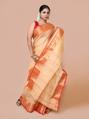 Laa Calcutta Beige & Red pure cotton woven design Zari per Taant saree for women