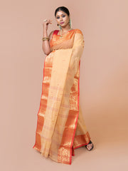 Laa Calcutta Beige & Red pure cotton woven design Zari per Taant saree for women
