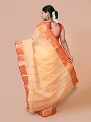 Laa Calcutta Beige & Red pure cotton woven design Zari per Taant saree for women