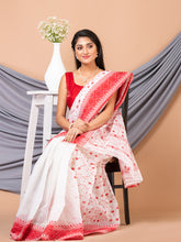 Laa Calcutta White & Red pure cotton Taant saree