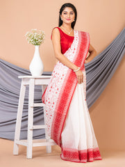 Laa Calcutta White & Red pure cotton Taant saree
