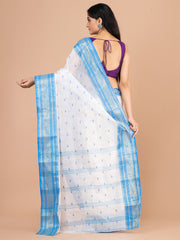 White & Blue pure cotton woven design taant saree