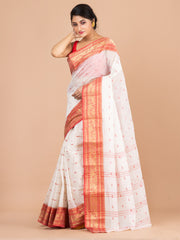White & Red pure cotton woven design taant saree