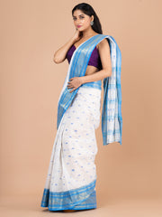 White & Blue pure cotton woven design taant saree