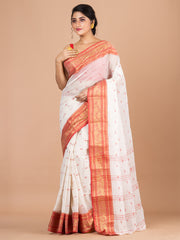 White & Red pure cotton woven design taant saree