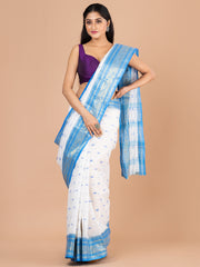 White & Blue pure cotton woven design taant saree