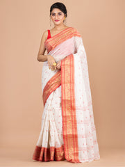White & Red pure cotton woven design taant saree