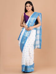 White & Blue pure cotton woven design taant saree