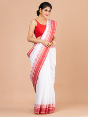 White & Red pure cotton woven design taant saree