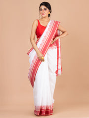 White & Red pure cotton woven design taant saree