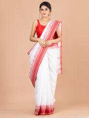 White & Red pure cotton woven design taant saree