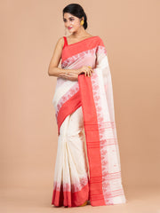 Off White & Red pure cotton woven design taant saree
