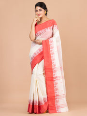 Off White & Red pure cotton woven design taant saree