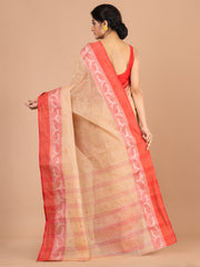 Beige & Red pure cotton woven design taant saree