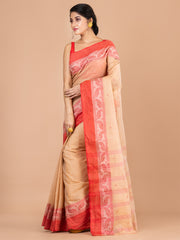 Beige & Red pure cotton woven design taant saree