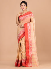 Beige & Red pure cotton woven design taant saree
