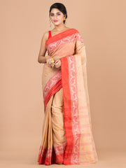 Beige & Red pure cotton woven design taant saree
