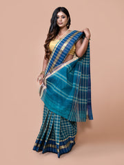 Laa Calcutta Green & Blue pure cotton stripe and checked design taant saree for women